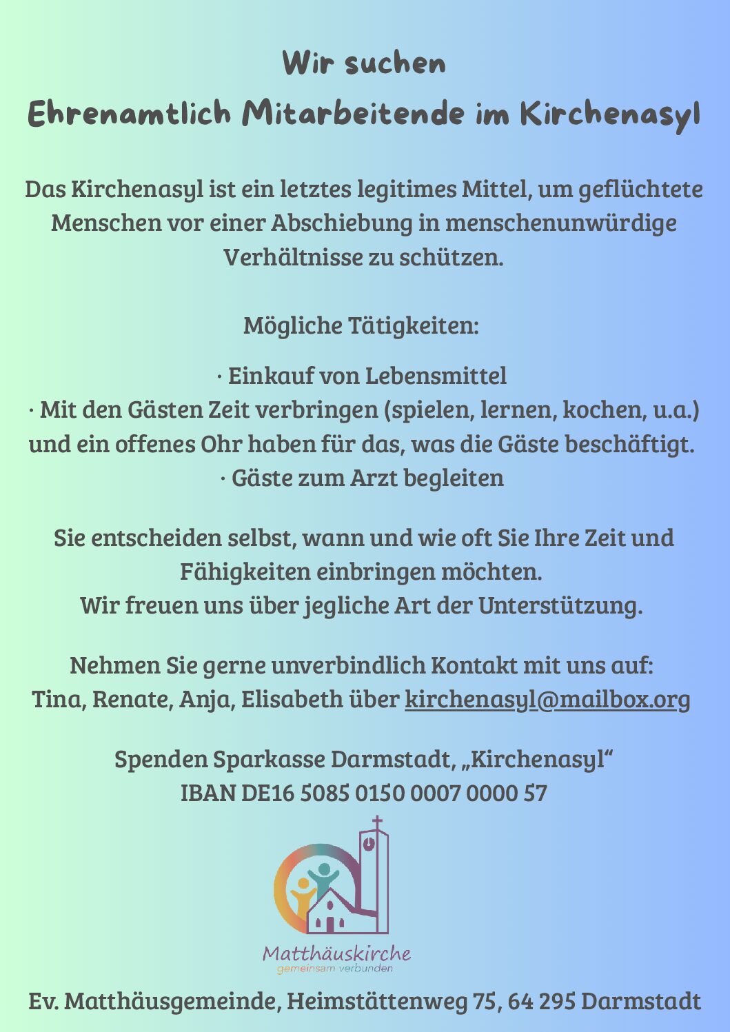 Gesucht: Ehrenamtliche fürs Kirchenasyl